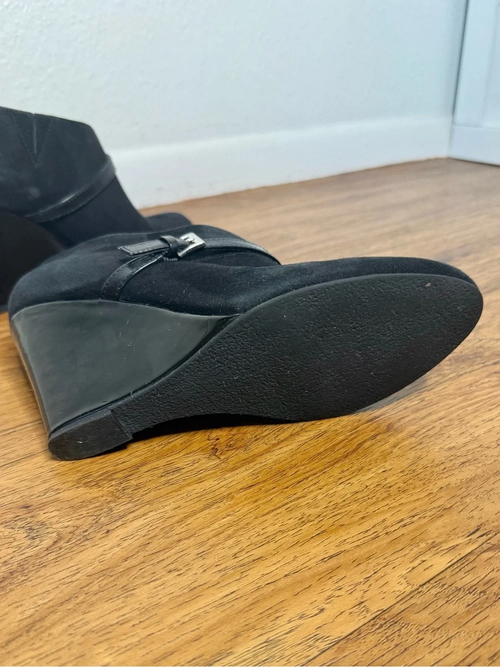 Anne Klein Black Faux Suede Wedge Booties Size 7M Buckle Detail